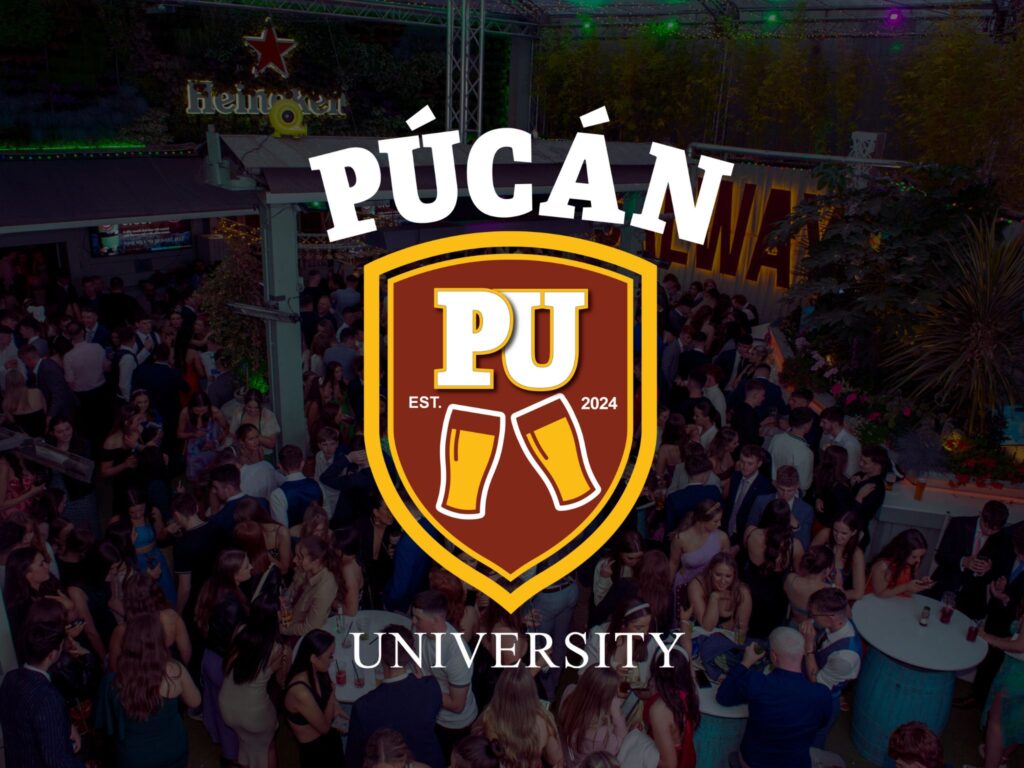 image of the beer garden at the back of an púcán with a large crowd of people celebrating. the pucan university logo overlays this image.